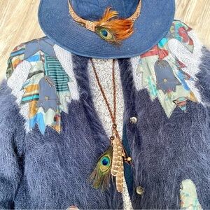Boho Peacock/feather necklace w native/western Navajo/Pendleton/cottage vibe